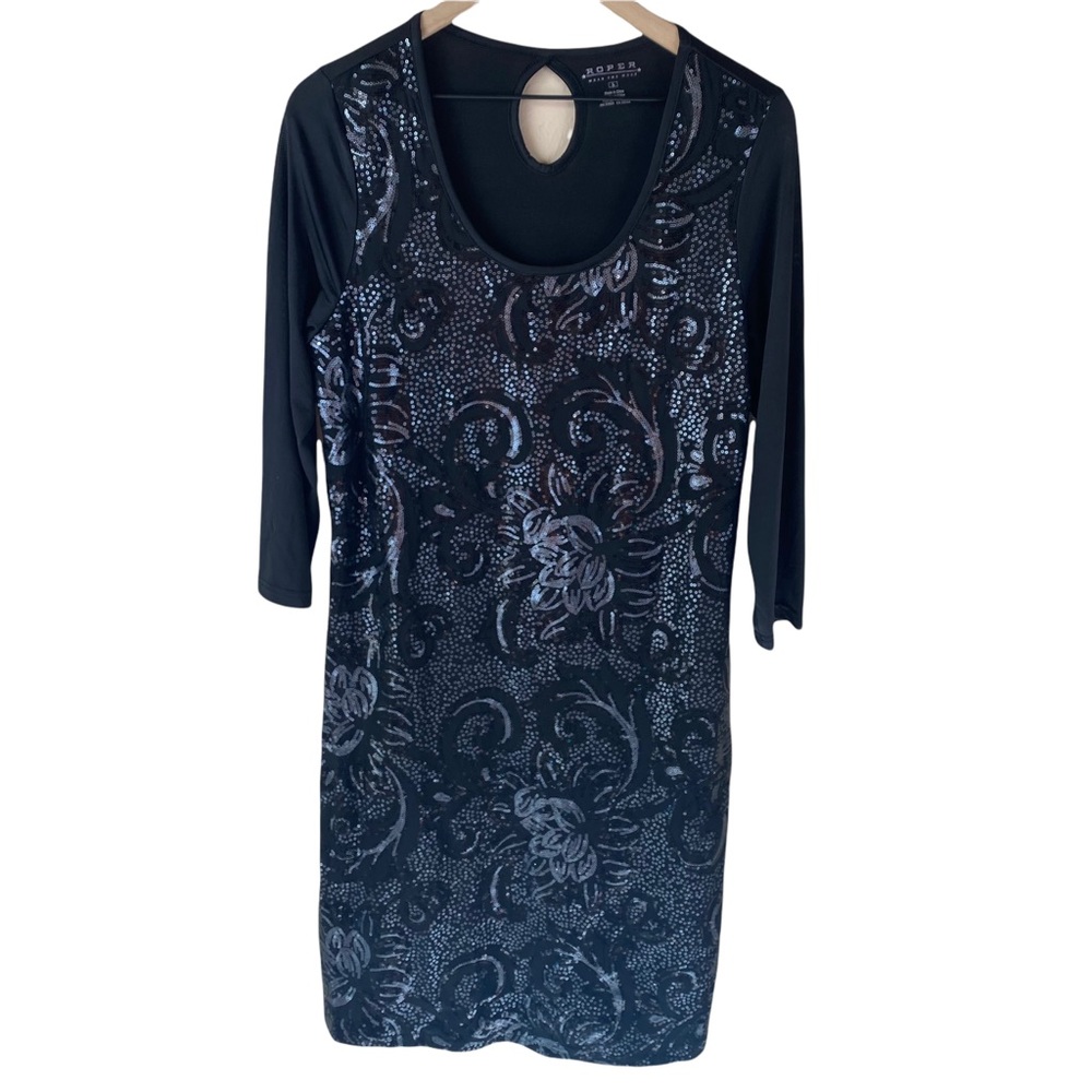 Roper Western Black Sequin Dress Comfortable 3/4 Sleeve Large